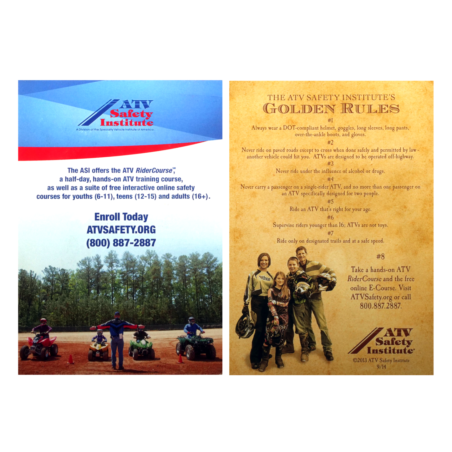 The ATV Safety Institute's Golden Rules Training Card