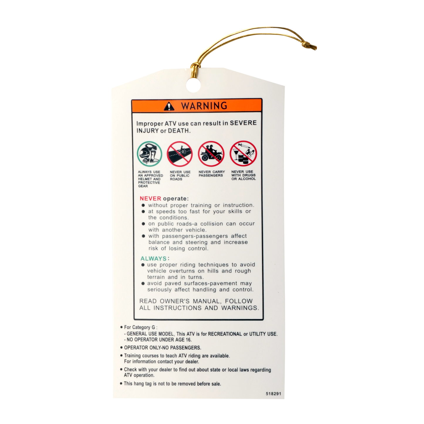 ATV Warning Hang Tag